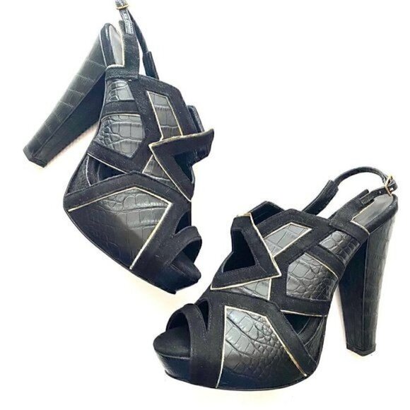 GORDANA DIMITRIJEVIC Platform Cutout Peep Toe Stiletto Heels Croc Embossed EU 38 - Picture 1 of 11